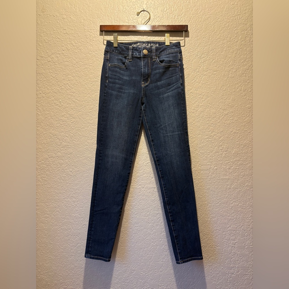 American Eagle Super Stretch Skinny Jeans 00 Short Blue Distressed Denim AEO